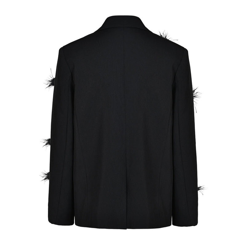 Upscale Feathery Gem Corsage Lapel Collar Single Breasted Long Sleeve Blazer