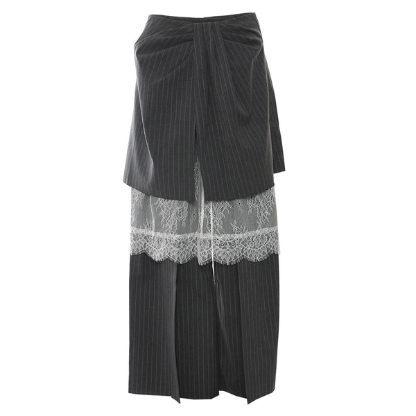 Versatile High Waist Lace Detail Skirt Overlay Pinstripe Pant Matching Set