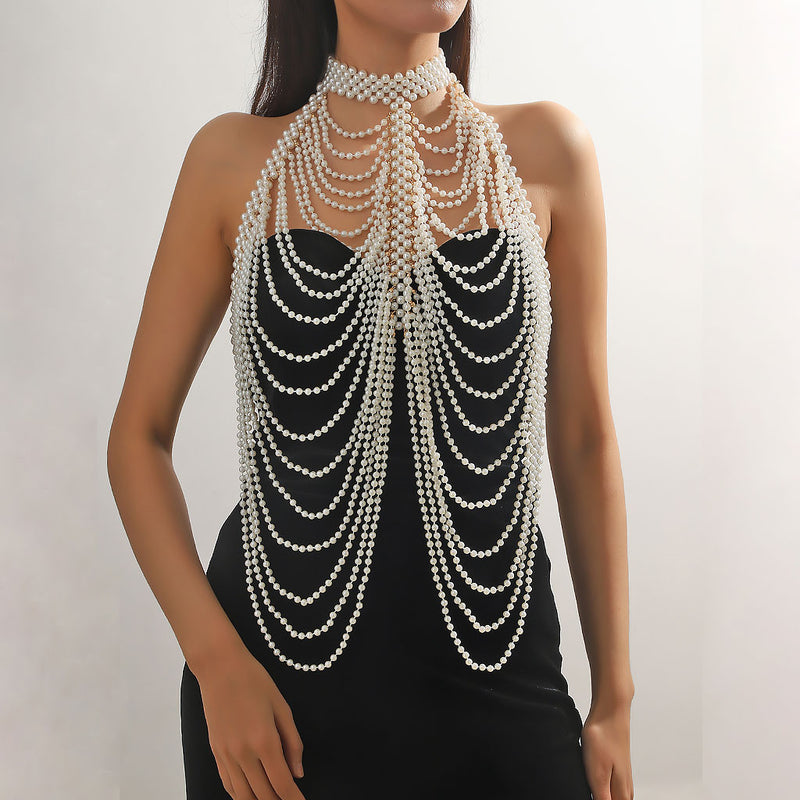 VICTORIAN FANTASIA Metallic Layered Imitation Pearl Choker Body Chain