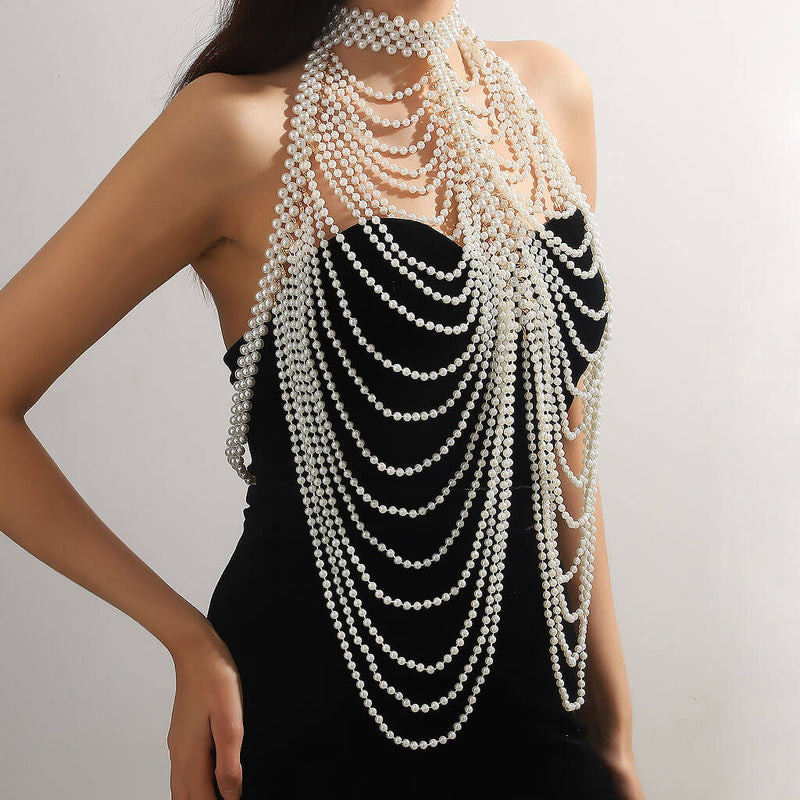 VICTORIAN FANTASIA Metallic Layered Imitation Pearl Choker Body Chain