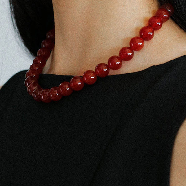 Vintage 18K Gold Plated Big Red Onyx Round Bead Choker Necklace