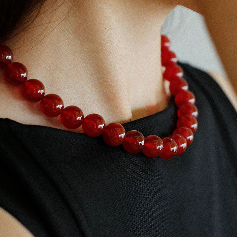 Vintage 18K Gold Plated Big Red Onyx Round Bead Choker Necklace