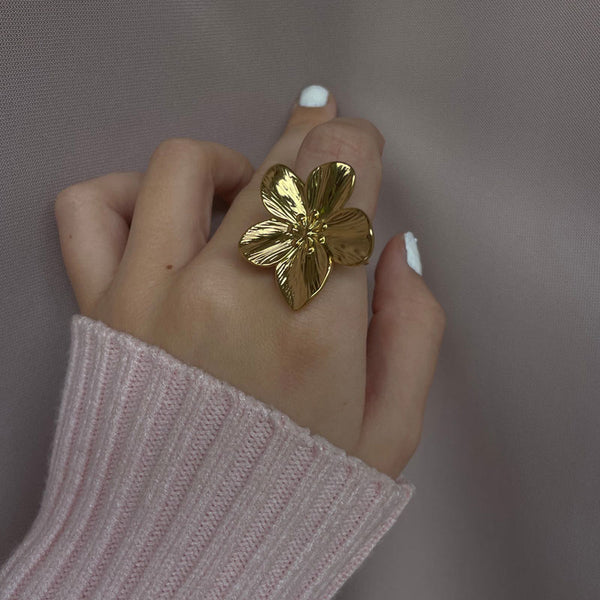 Vintage 18K Gold Plated Statement Oversized Flower Open Cuff Ring