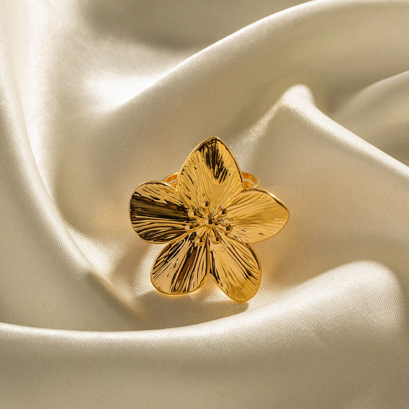 Vintage 18K Gold Plated Statement Oversized Flower Open Cuff Ring