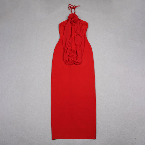 Vintage 3D Rosette Corsage Ruched  Mesh Bandage Split Maxi Halter Formal Dress