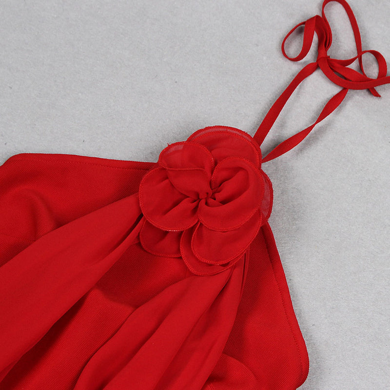 Vintage 3D Rosette Corsage Ruched  Mesh Bandage Split Maxi Halter Formal Dress