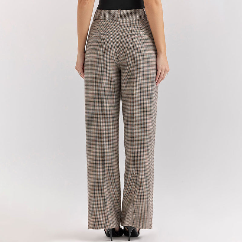 Vintage Banded High Waist Pleated Houndstooth Check Wide Leg Pants