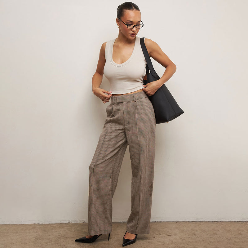 Vintage Banded High Waist Pleated Houndstooth Check Wide Leg Pants