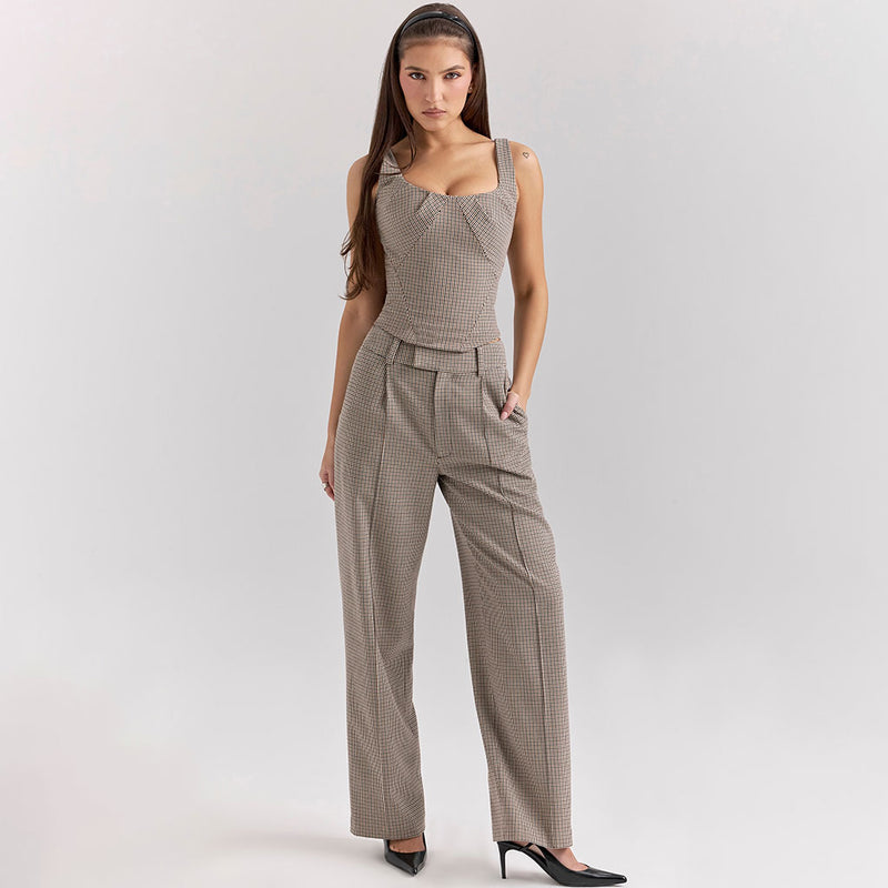 Vintage Banded High Waist Pleated Houndstooth Check Wide Leg Pants