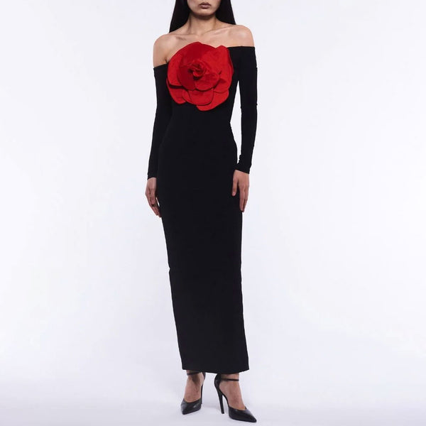 Vintage Big Rose Detailed Off The Shoulder Long Sleeve Formal Maxi Jersey Dress