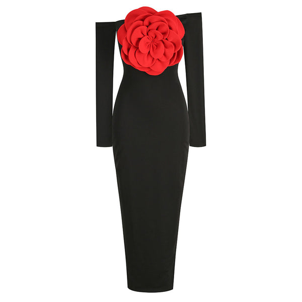 Vintage Big Rose Detailed Off The Shoulder Long Sleeve Formal Maxi Jersey Dress