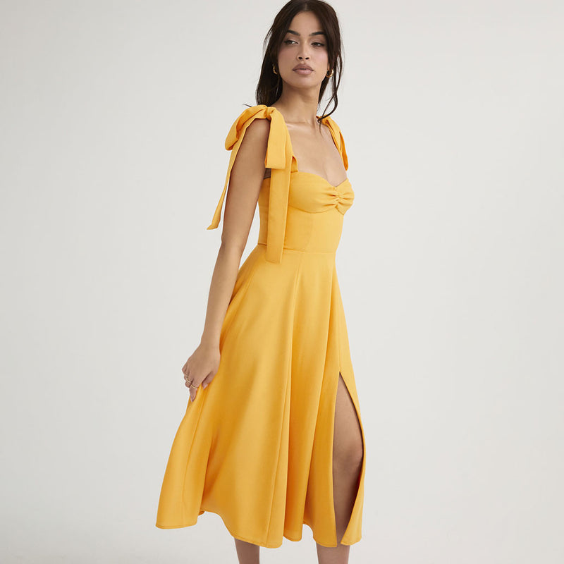 Vintage Bow Tie Fit & Flare High Slit Midi Sundress - Yellow