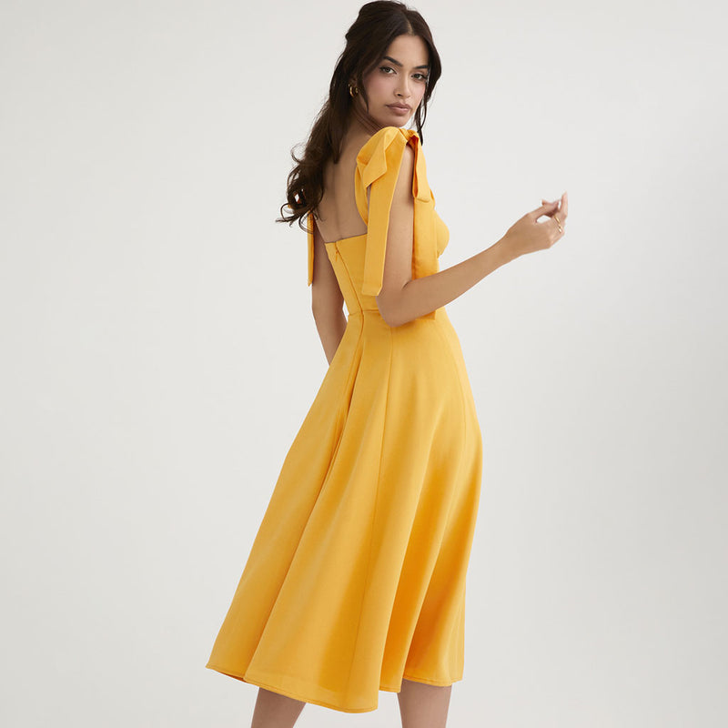Vintage Bow Tie Fit & Flare High Slit Midi Sundress - Yellow
