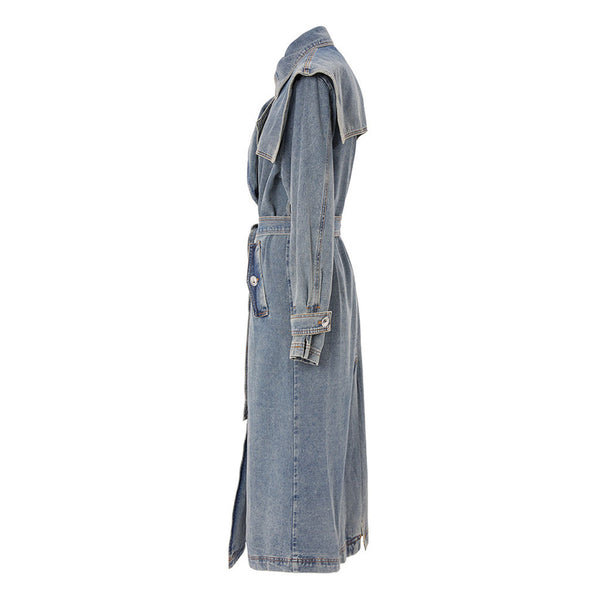 Vintage Buttoned Collar Belted Double Breasted Worn In Effect Denim Trench Coat