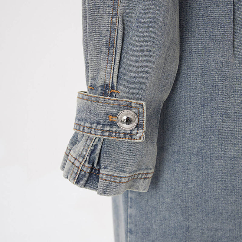 Vintage Buttoned Collar Belted Double Breasted Worn In Effect Denim Trench Coat