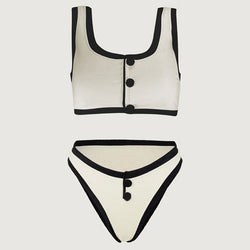 Vintage Color Block High Leg Cheeky Button Trim Ribbed Crop Bikini Set