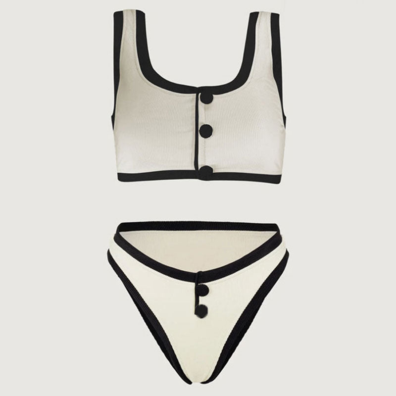 Vintage Color Block High Leg Cheeky Button Trim Ribbed Crop Bikini Set