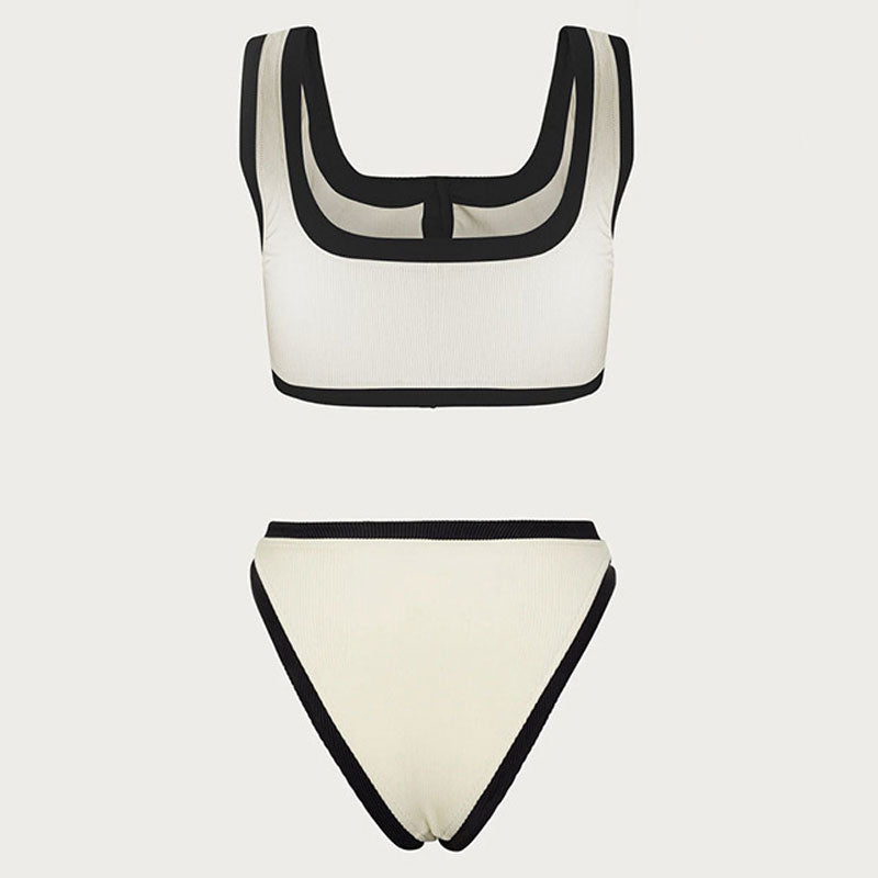 Vintage Color Block High Leg Cheeky Button Trim Ribbed Crop Bikini Set