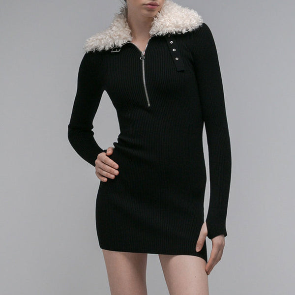 Vintage Faux Fur Collar Half Zip Winter Long Sleeve Mini Bandage Bodycon Dress
