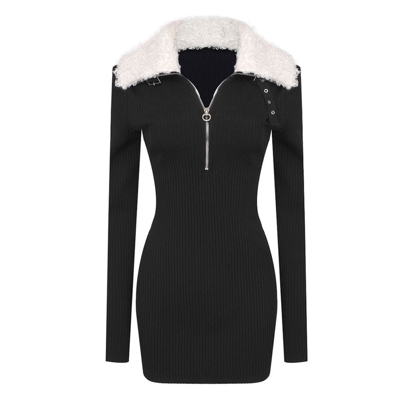 Vintage Faux Fur Collar Half Zip Winter Long Sleeve Mini Bandage Bodycon Dress