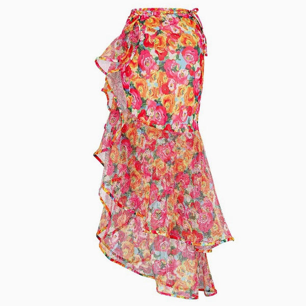 Vintage Floral High Waist Ruffle Chiffon Bow Tie Maxi Wrap Sarong Cover Up