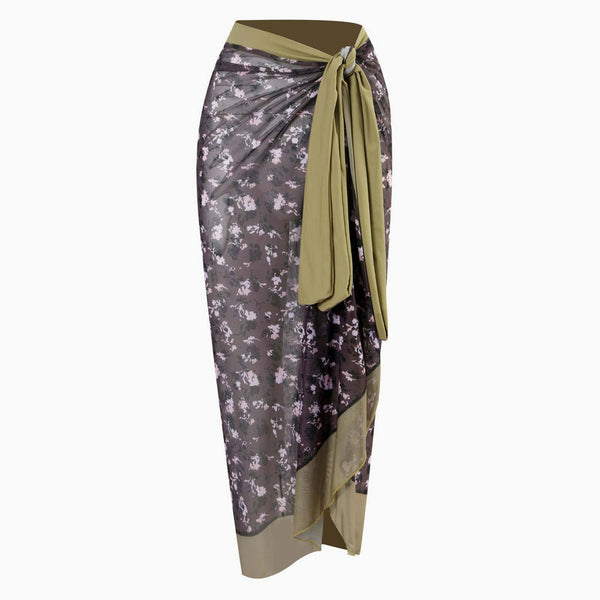 Vintage Floral Printed High Waist Bow Tie Chiffon Maxi Wrap Sarong Cover Up
