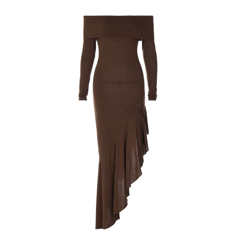 Vintage Foldover Off The Shoulder Long Sleeve Jersey Asymmetrical Ruffle Dress
