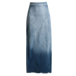 Vintage Gradient Raw Trim Back Slit High Waist Maxi Denim Skirt