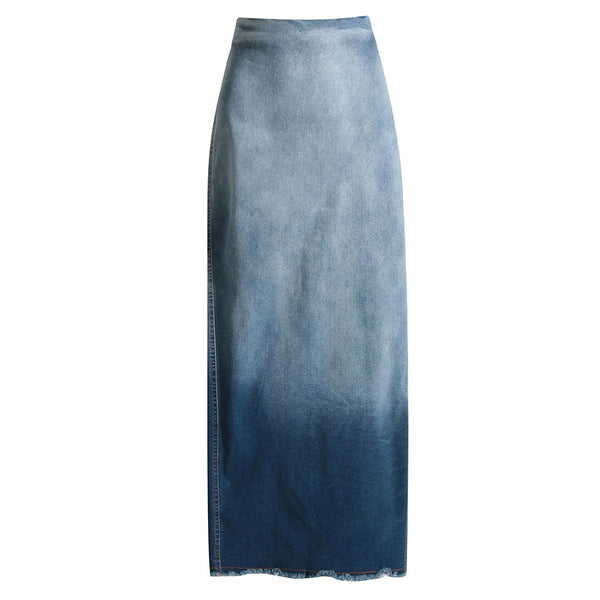Vintage Gradient Raw Trim Back Slit High Waist Maxi Denim Skirt