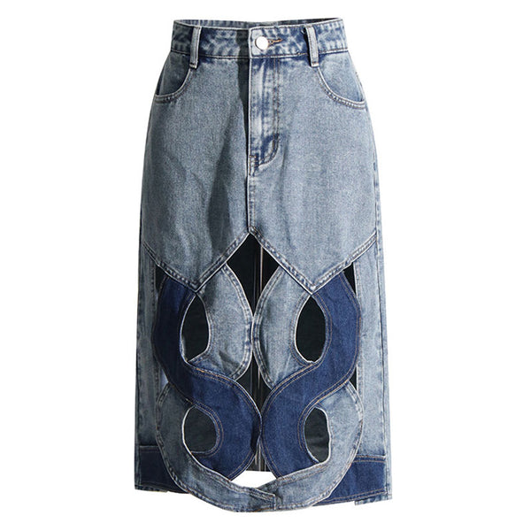 Vintage High Waist Two Tone Spiral Cutout Front Bodycon Midi Denim Skirt