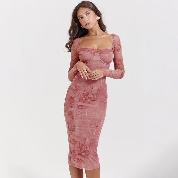 Vintage Lace Sweetheart Neck Lace Up Long Sleeve Hazy Printed Bodycon Midi Dress