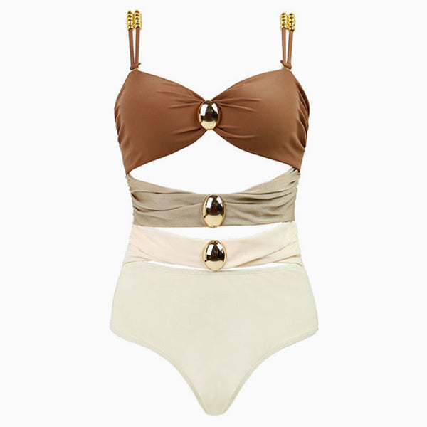 Vintage Metallic Ball Color Block Ruched Cutout Bandeau One Piece Swimsuit