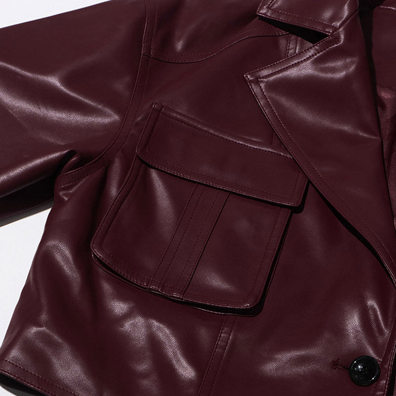 Vintage Notch Lapel Patch Pocket One Button Crop Faux Leather Jacket