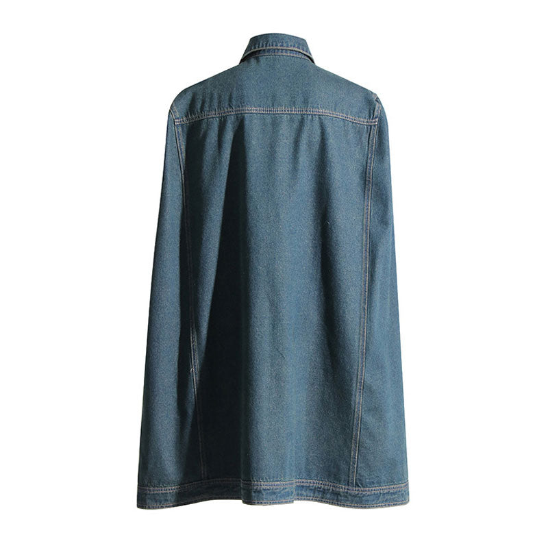 Vintage Oversized Single Breasted Cargo Pocket Long Cape Distressed Denim Coat
