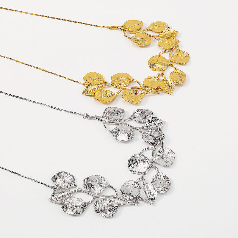 Vintage Polished Plated Exaggerated Leaf Shaped Box Chain Necklace