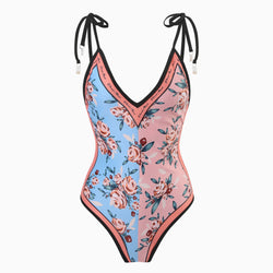 Vintage Printed Cheeky Bow Tie String V Neck Reversible One  Piece Swimsuit