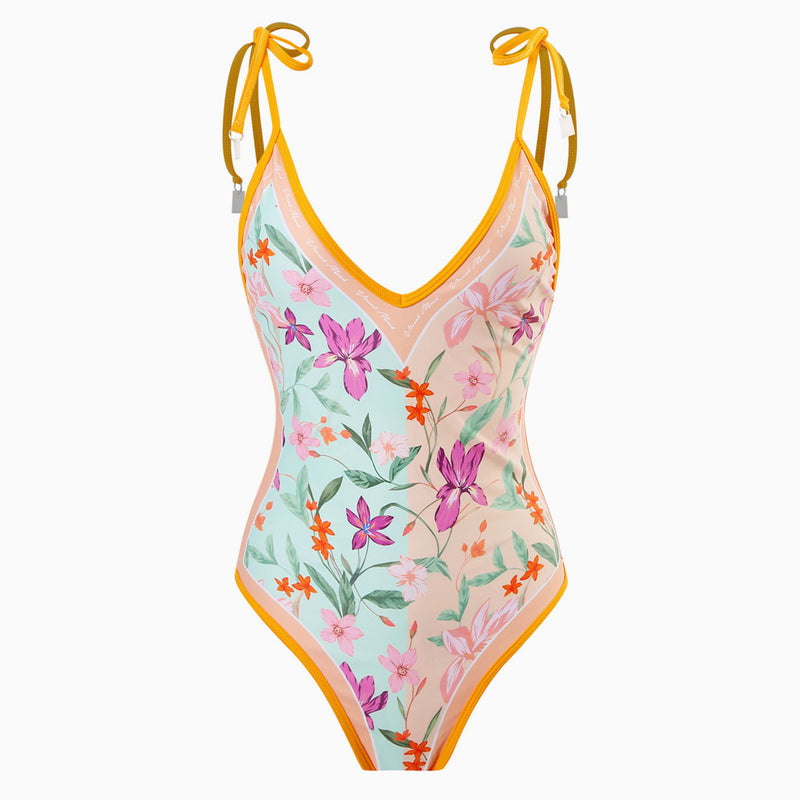 Vintage Printed Cheeky Bow Tie String V Neck Reversible One  Piece Swimsuit