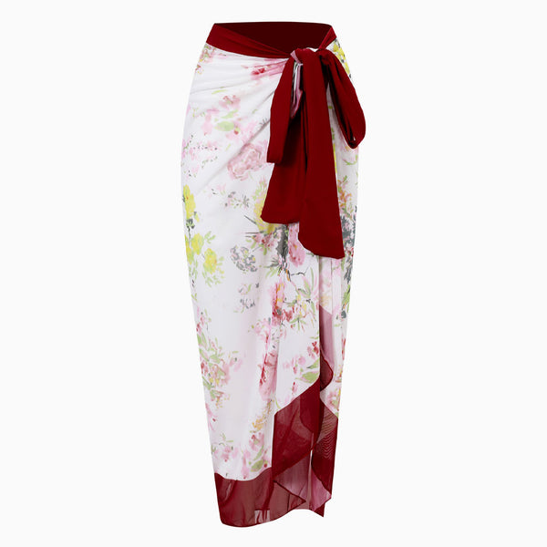 Vintage Printed High Waist Bow Tie Chiffon Maxi Wrap Sarong Cover Up