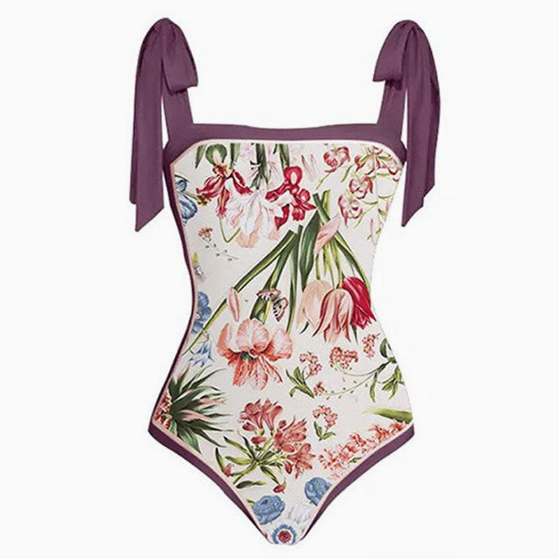 Vintage Printed Moderate Bow Tie Strap Square Neck One  Piece Swimsuit