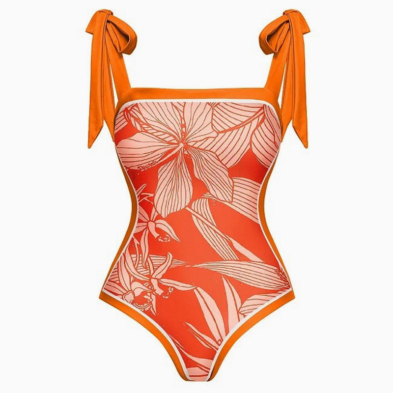 Vintage Printed Moderate Bow Tie Strap Square Neck One  Piece Swimsuit