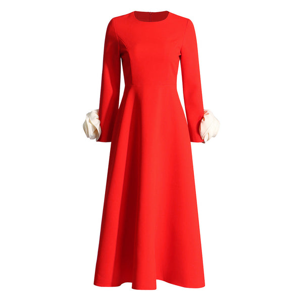 Vintage Round Neck Long Sleeve Fit and Flare Crepe Rosette Trim Midi Dress