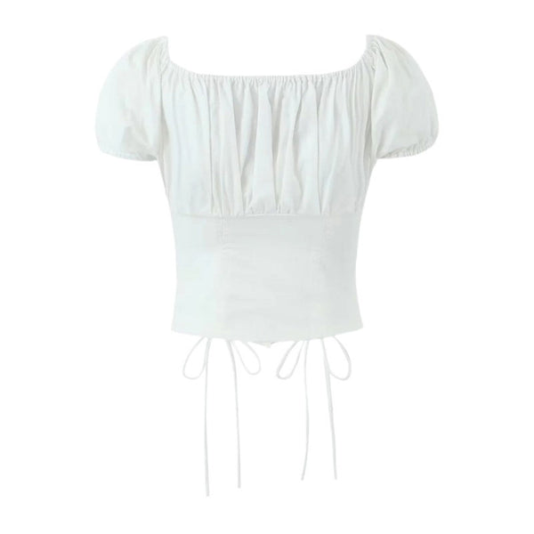 Vintage Ruched Square Neck Cap Sleeve Bow Tie Button Down Crop Top
