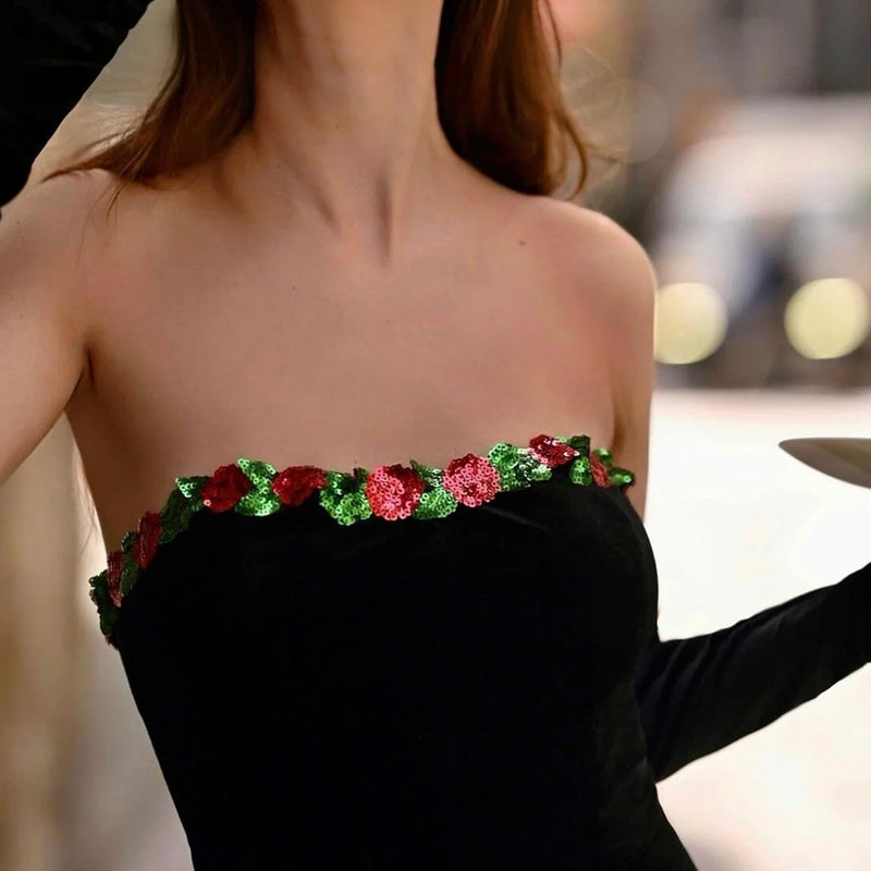 Vintage Sequined Floral Opera Sleeve Strapless Velvet Bodycon Maxi Dress