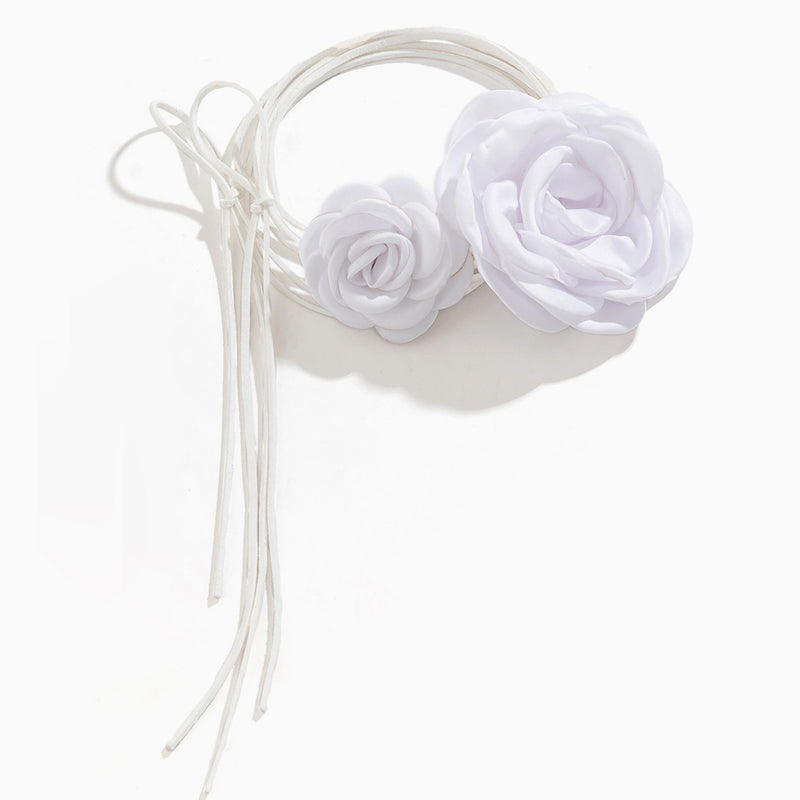 Vintage Silky Satin Double Flower Suede Cord Tie Wrap Choker Necklaces