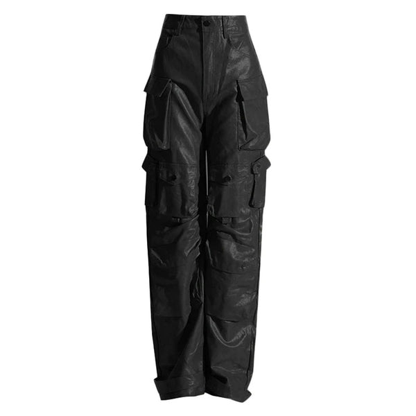 Vintage Solid Color Mid Waist Multiple Pocket Wide Leg Faux Leather Cargo Pants
