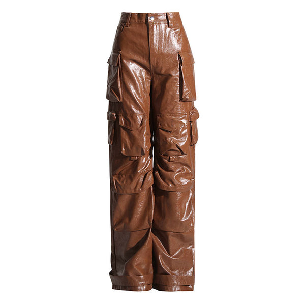 Vintage Solid Color Mid Waist Multiple Pocket Wide Leg Faux Leather Cargo Pants