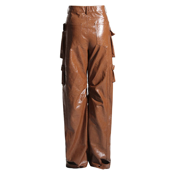 Vintage Solid Color Mid Waist Multiple Pocket Wide Leg Faux Leather Cargo Pants