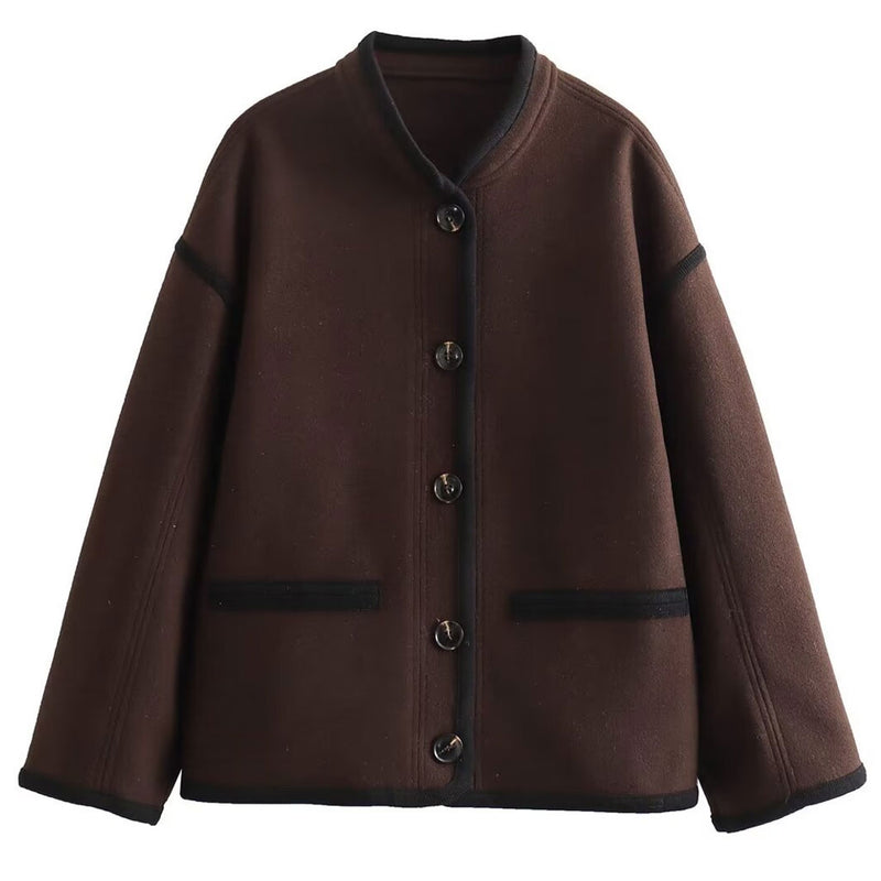 Vintage Stand Collar Long Sleeve Contrast Trim Oversized Wool Blend Jacket