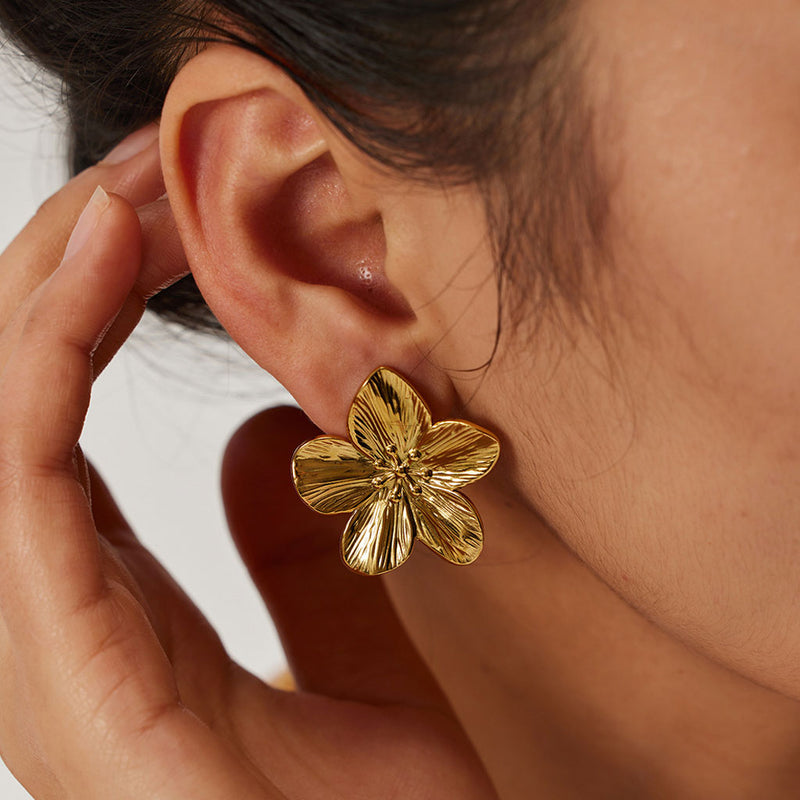 Vintage Statement 18K Gold Plated Oversized Flower Stud Earrings