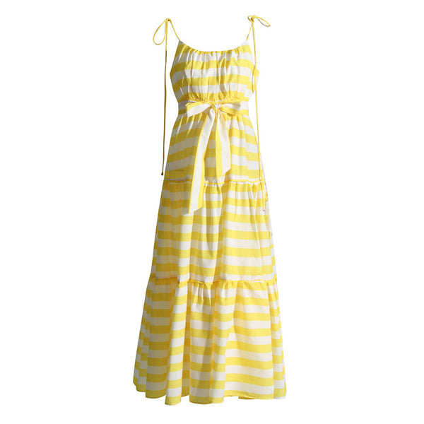 Vintage Stripe Scoop Neck Tie Strap Belted Smocked Tiered Maxi Sundress